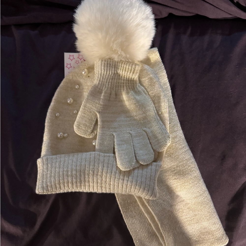 Cream Knit Pom-Pom Beanie, Scarf & Glove Set with Pearl Accents